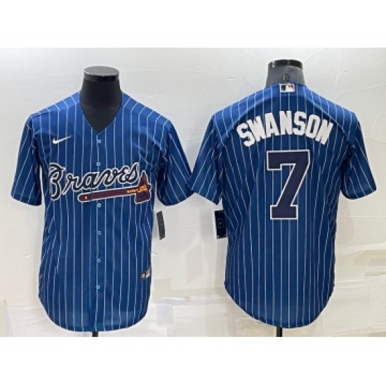 Men's Atlanta Braves #7 Dansby Swanson Navy Blue Pinstripe Stitched MLB Cool Base Nike Jersey - Ujersey