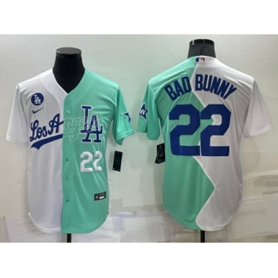 Men's Los Angeles Dodgers #22 Bad Bunny White Green Number 2022 Celebrity Softball Game Cool Base Jersey 1 - Ujersey