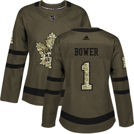 Women's Adidas Toronto Maple Leafs #1 Johnny Bower Authentic Green Salute to Service NHL Jersey - Ujersey