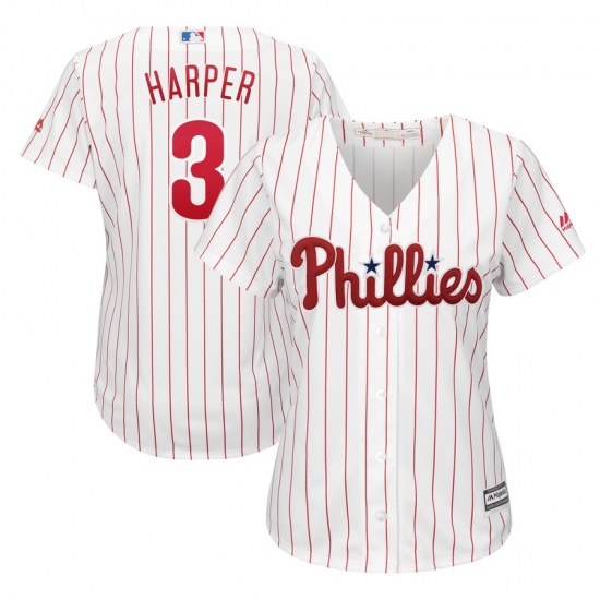 Women's Philadelphia Phillies #3 Bryce Harper Majestic WhiteRed Strip Home Cool Base Replica Player Jersey - Ujersey