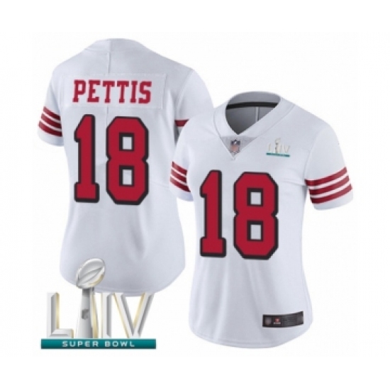 Women's San Francisco 49ers #18 Dante Pettis Limited White Rush Vapor Untouchable Super Bowl LIV Bound Football Jersey - Ujersey