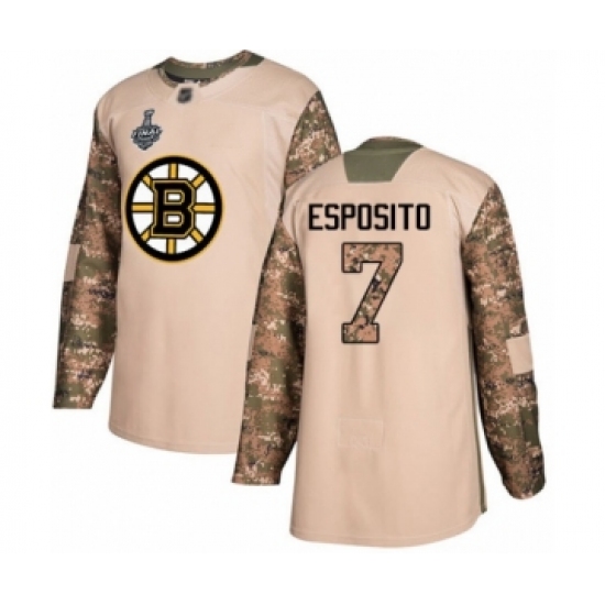 Men's Boston Bruins #7 Phil Esposito Authentic Camo Veterans Day Practice 2019 Stanley Cup Final Bound Hockey Jersey - Ujersey
