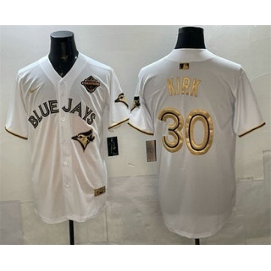 Men's Toronto Blue Jays #30 Alejandro Kirk White Gold 2025 American League Champions Limited Stitched Jersey