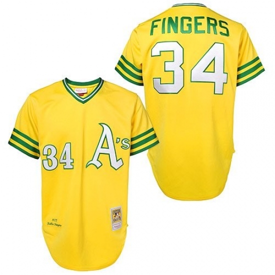 Men's Mitchell and Ness Oakland Athletics #34 Rollie Fingers Replica Gold Throwback MLB Jersey - Ujersey