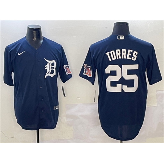 Men's Detroit Tigers #25 Gleyber Torres Navy With Cool Base Stitched Baseball Jersey - Ujersey