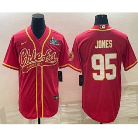 Men's Kansas City Chiefs #95 Chris Jones Red With Super Bowl LVII Patch Cool Base Stitched Baseball Jersey - Ujersey