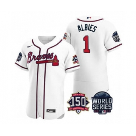 Men's Atlanta Braves #1 Ozzie Albies 2021 White World Series Flex Base With 150th Anniversary Patch Baseball Jersey - Ujersey