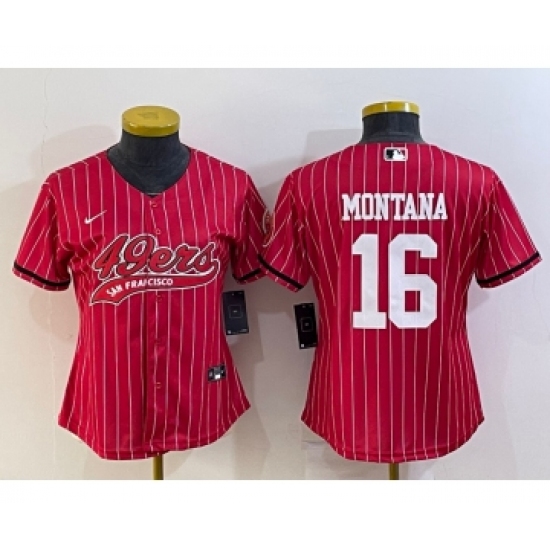 Women's San Francisco 49ers #16 Joe Montana Red Pinstripe With Patch Cool Base Stitched Baseball Jersey - Ujersey