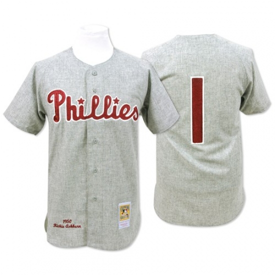 Men's Mitchell and Ness 1950 Philadelphia Phillies #1 Richie Ashburn Authentic Grey Throwback MLB Jersey - Ujersey
