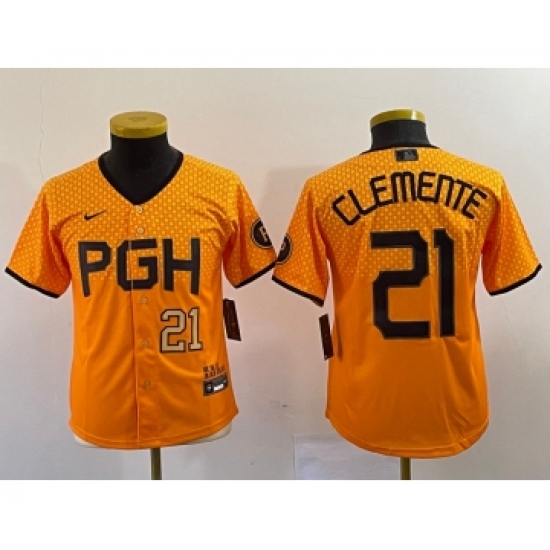 Youth Nike Pittsburgh Pirates #21 Roberto Clemente Number Yellow 2023 City Connect Stitched Jersey1 - Ujersey