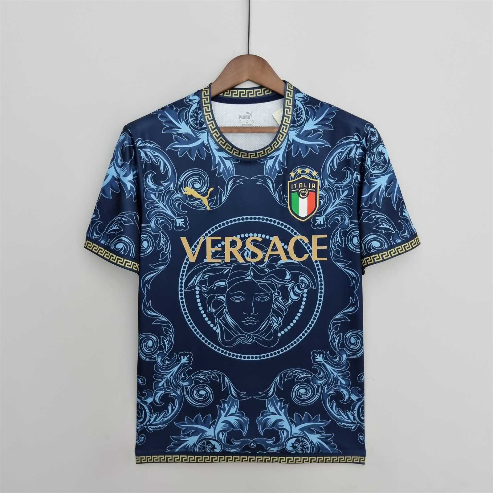 Italy Soccer Jersey x Versace Blue Special Edition Custom Shirt 2022 - Ujersey Shop