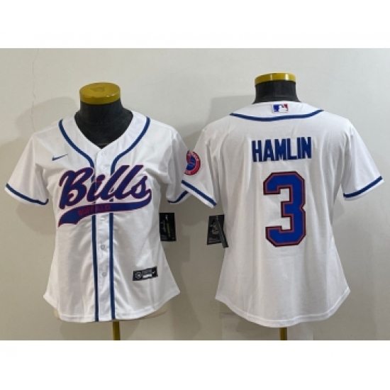 Women's Buffalo Bills #3 Damar Hamlin White With Patch Cool Base Stitched Baseball Jersey - Ujersey
