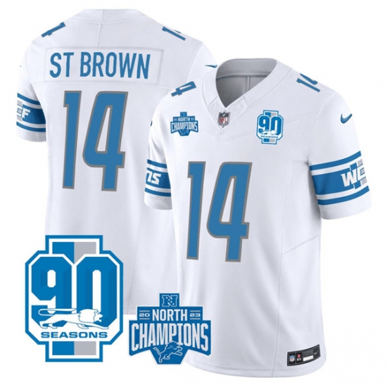 Men's Detroit Lions #14 Amon-Ra St. Brown White 2023 90th Anniversary North Division Champions Limited Stitched Jersey - Ujersey