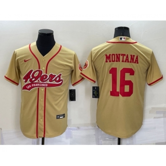 Men's San Francisco 49ers #16 Joe Montana Gold Stitched Cool Base Nike Baseball Jersey - Ujersey