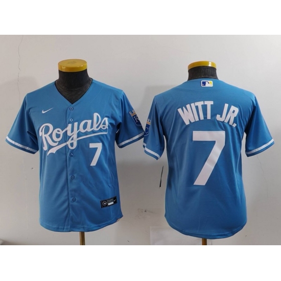 Youth Kansas City Royals #7 Bobby Witt Jr Number Light Blue Cool Base Stitched Jersey - Ujersey