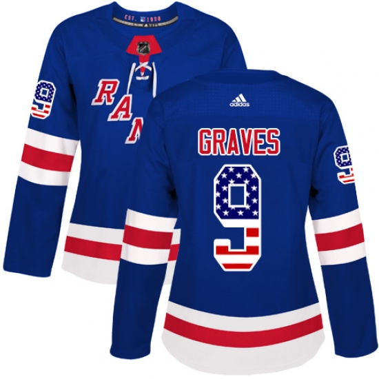 Women's Adidas New York Rangers #9 Adam Graves Authentic Royal Blue USA Flag Fashion NHL Jersey - Ujersey