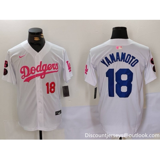 Men's Los Angeles Dodgers #18 Yoshinobu Yamamoto White Pink Vin & Kobe Stitched Baseball Jersey1