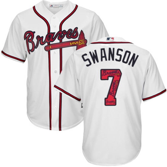 Men's Majestic Atlanta Braves #7 Dansby Swanson Authentic White Team Logo Fashion Cool Base MLB Jersey - Ujersey
