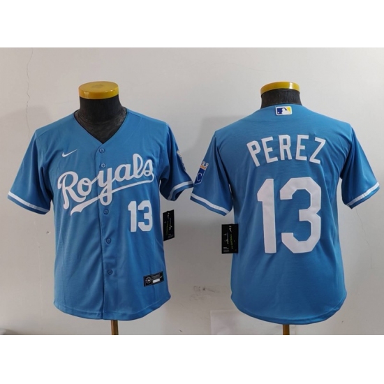 Youth Kansas City Royals #13 Salvador Perez Number Light Blue Cool Base Stitched Jersey - Ujersey