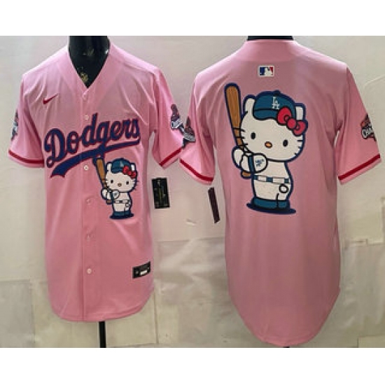 Men's Los Angeles Dodgers Pink Hello Kitty Big Logo 2025 World Series Champions Limited Jersey - Ujersey