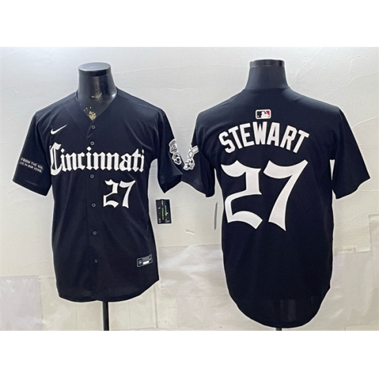 Men's Cincinnati Reds #27 Sal Stewart Black 'Gothic Queen City Edition' Vapor Premier Limited Stitched Baseball Jersey
