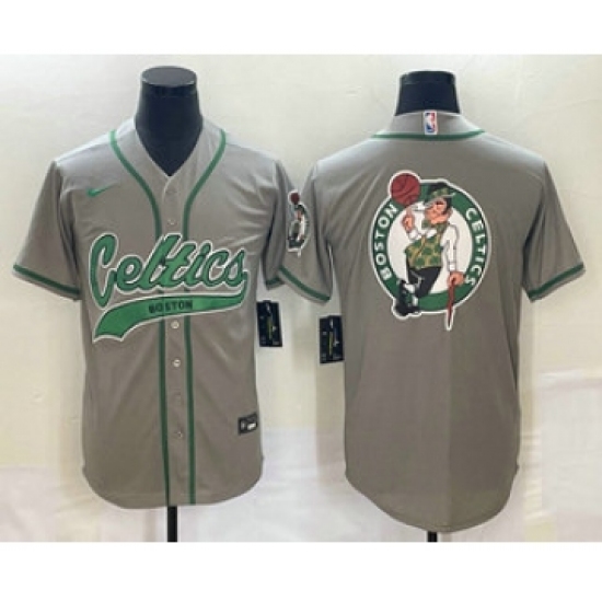 Men's Boston Celtics Gray Team Big Logo Stitched Baseball Jersey - Ujersey