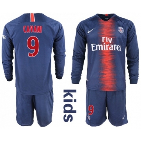 Paris Saint-Germain #9 Cavani Home Long Sleeves Kid Soccer Club Jersey