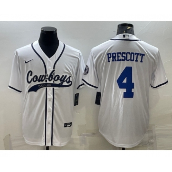 Men's Dallas Cowboys #4 Dak Prescott White With Patch Cool Base Stitched Baseball Jersey - Ujersey