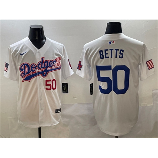 Men's Los Angeles Dodgers #50 Mookie Betts White With American Flag Limited Stitched Baseball Jersey