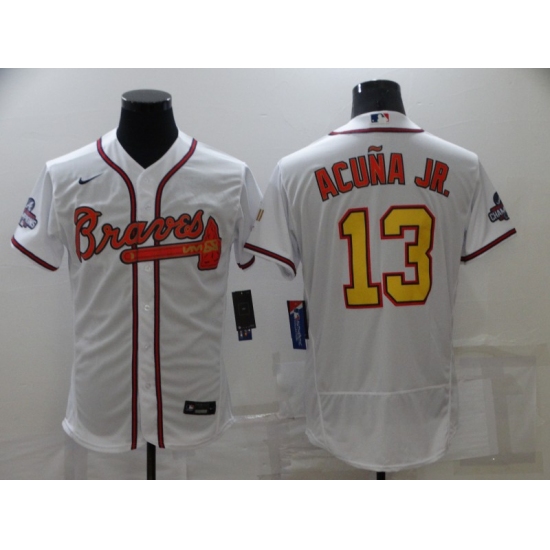 Men's Atlanta Braves #13 Ronald Acuna Jr. 2021 White Gold World Series Champions Jersey - Ujersey