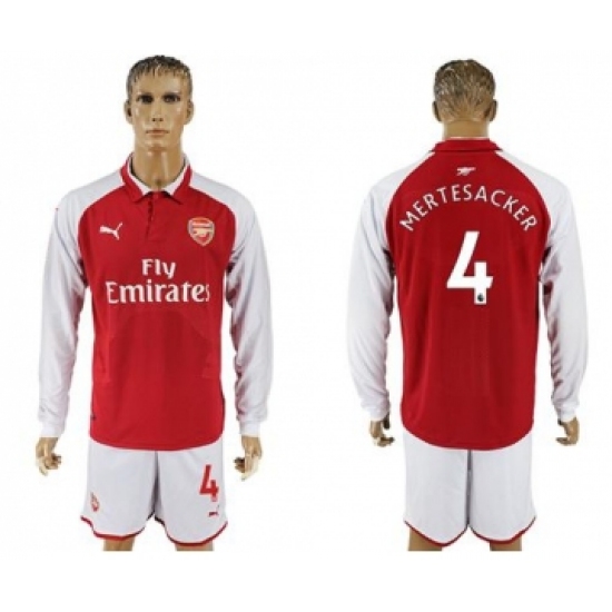 Arsenal #4 Mertesacker Red Home Long Sleeves Soccer Club Jersey