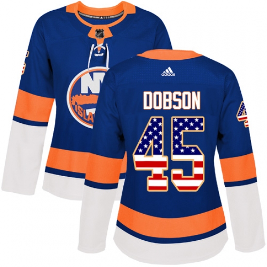 Women's Adidas New York Islanders #45 Noah Dobson Authentic Royal Blue USA Flag Fashion NHL Jersey - Ujersey
