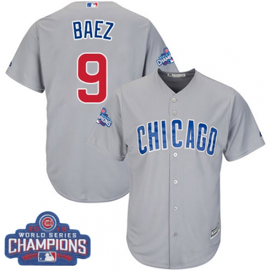 Youth Majestic Chicago Cubs #9 Javier Baez Authentic Grey Road 2016 World Series Champions Cool Base MLB Jersey - Ujersey