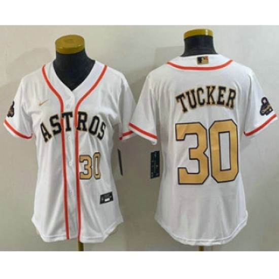 Women's Houston Astros #30 Kyle Tucker Number 2023 White Gold World Serise Champions Cool Base Stitched Jerseys - Ujersey