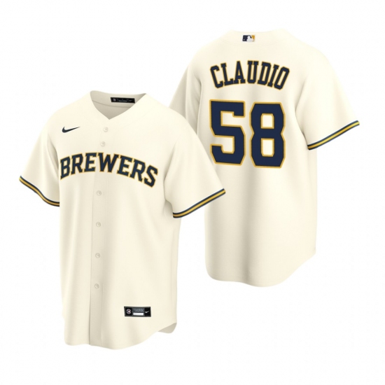 Men's Nike Milwaukee Brewers #58 Alex Claudio Cream Home Stitched Baseball Jersey - Ujersey