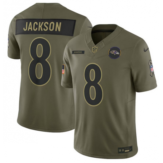 Men's Baltimore Ravens #8 Lamar Jackson Olive 2025 Salute to Service Limited Football Stitched Jersey