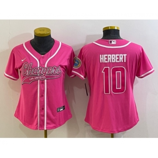 Women's Los Angeles Chargers #10 Justin Herbert Pink With Patch Cool Base Stitched Baseball Jersey - Ujersey
