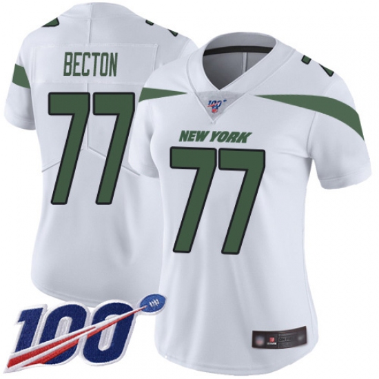 Women's New York Jets #77 Mekhi Becton White Stitched 100th Season Vapor Untouchable Limited Jersey - Ujersey