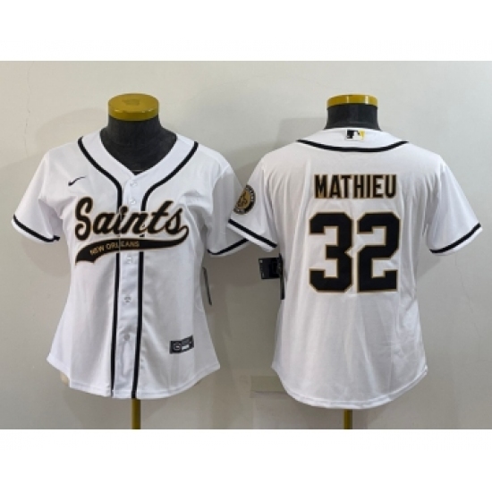 Women's New Orleans Saints #32 Tyrann Mathieu White With Patch Cool Base Stitched Baseball Jersey - Ujersey