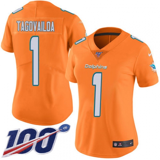 Women's Miami Dolphins #1 Tua Tagovailoa Orangen Stitched Limited Rush 100th Season Jersey