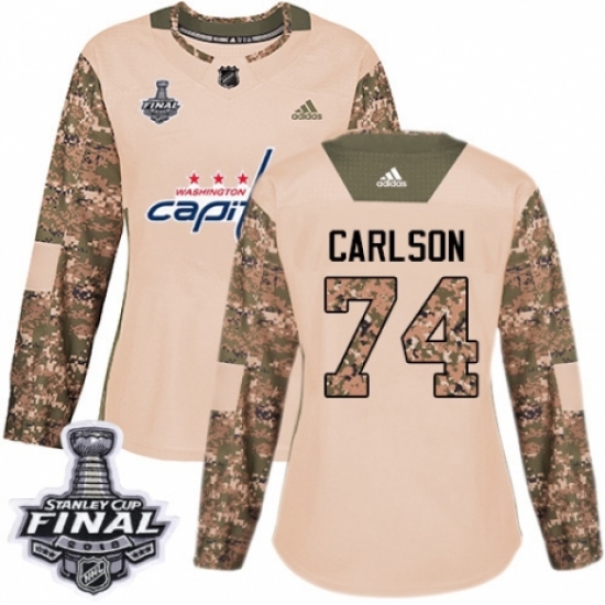 Women's Adidas Washington Capitals #74 John Carlson Authentic Camo Veterans Day Practice 2018 Stanley Cup Final NHL Jersey - Ujersey