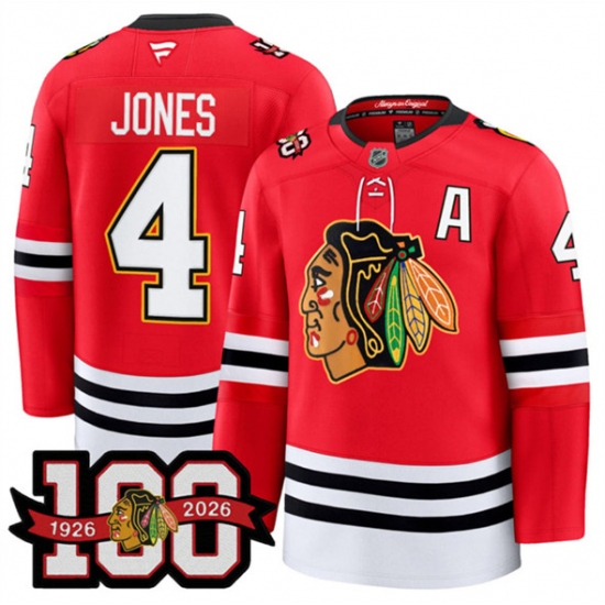 Men's Chicago Blackhawks #4 Seth Jones Red 2025 Home 100th Anniversary With A Stitched Hockey Jersey
