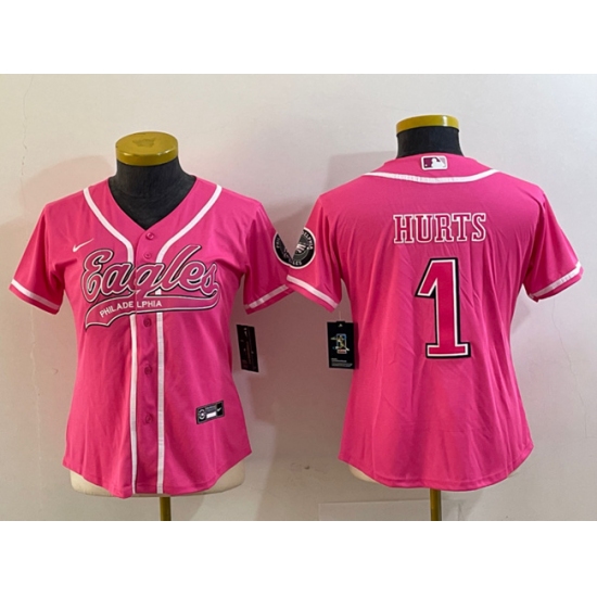 Women's Philadelphia Eagles #1 Jalen Hurts Pink Cool Base Stitched Baseball Jersey - Ujersey