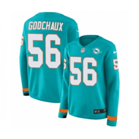Women's Nike Miami Dolphins #56 Davon Godchaux Limited Aqua Therma Long Sleeve NFL Jersey - Ujersey