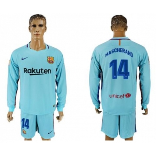 Barcelona #14 Mascherano Away Long Sleeves Soccer Club Jersey