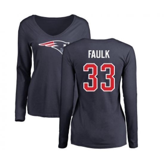 Football Women's New England Patriots #33 Kevin Faulk Navy Blue Name & Number Logo Slim Fit Long Sleeve T-Shirt - Ujersey