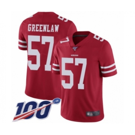 Men's San Francisco 49ers #57 Dre Greenlaw Red Team Color Vapor Untouchable Limited Player 100th Season Football Jersey - Ujersey