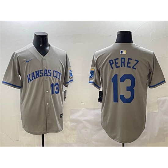 Men's Kansas City Royals #13 Salvador Perez Gray 2024 Away Limited Stitched Baseball Jersey