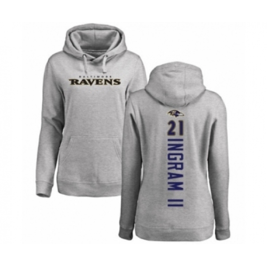 Football Women's Baltimore Ravens #21 Mark Ingram II Ash Backer Pullover Hoodie - Ujersey