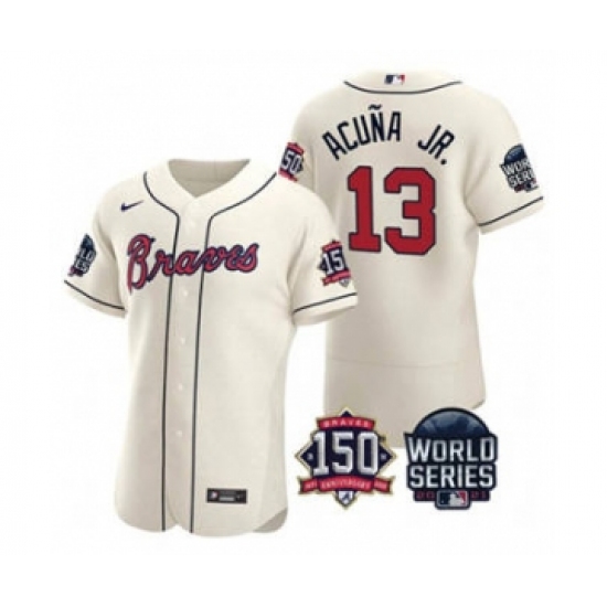 Men's Atlanta Braves #13 Ronald Acuna Jr. 2021 Cream World Series Flex Base With 150th Anniversary Patch Baseball Jersey - Ujersey